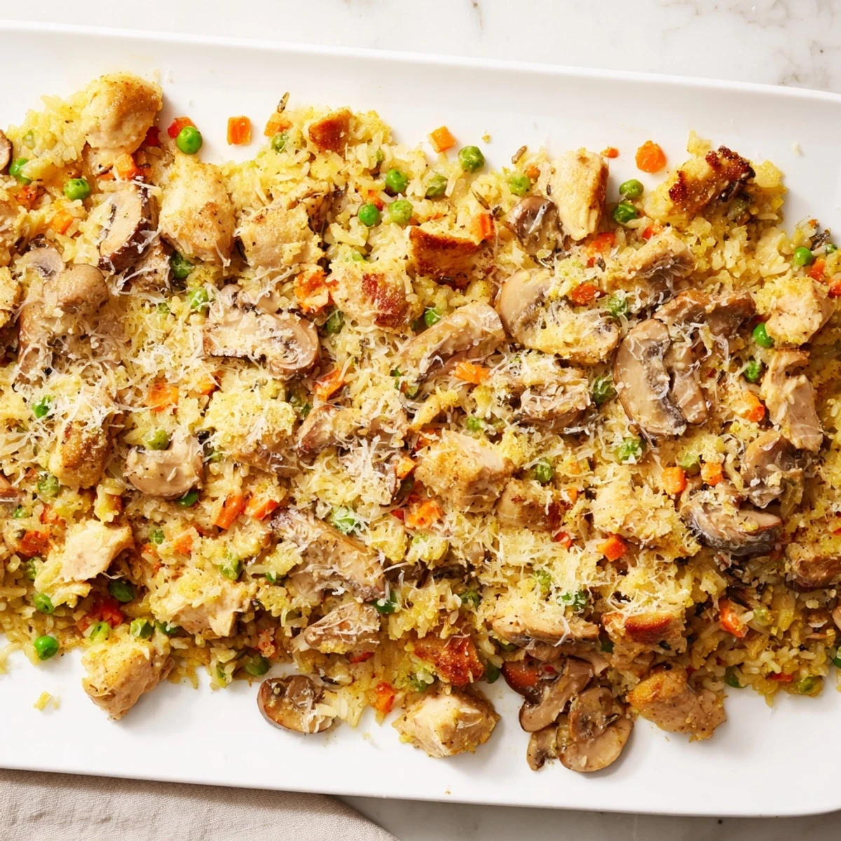 Creamy Chicken and Wild Rice Bake, with a crusty topping and visible chunks of chicken.