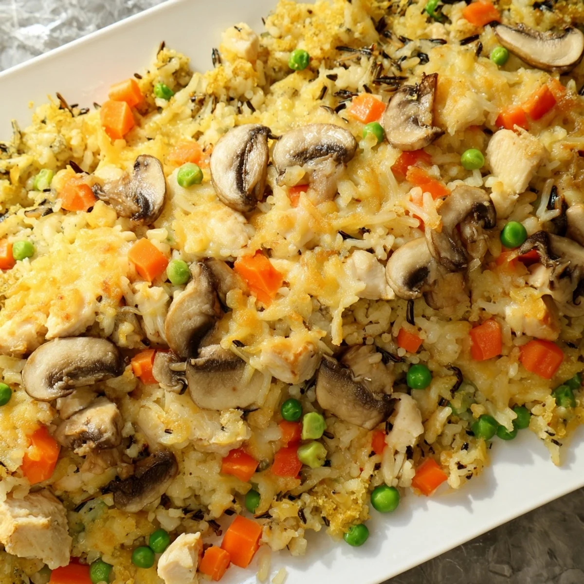 Close-up of a flavorful Chicken and Wild Rice Bake, highlighting the tender rice and vegetables.