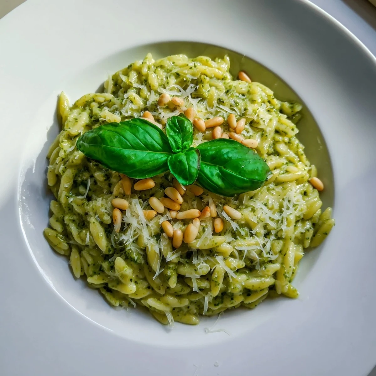 Steaming bowl of 15-Minute Creamy Pesto Risoni, a lush and simple Italian pasta meal.
