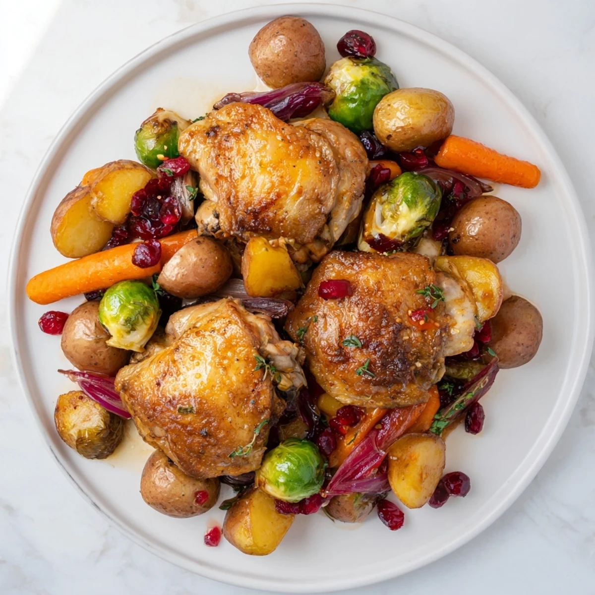 Crispy sheet pan chicken with cranberry vinaigrette, showing juicy chicken and roasted veggies for a healthy dinner.