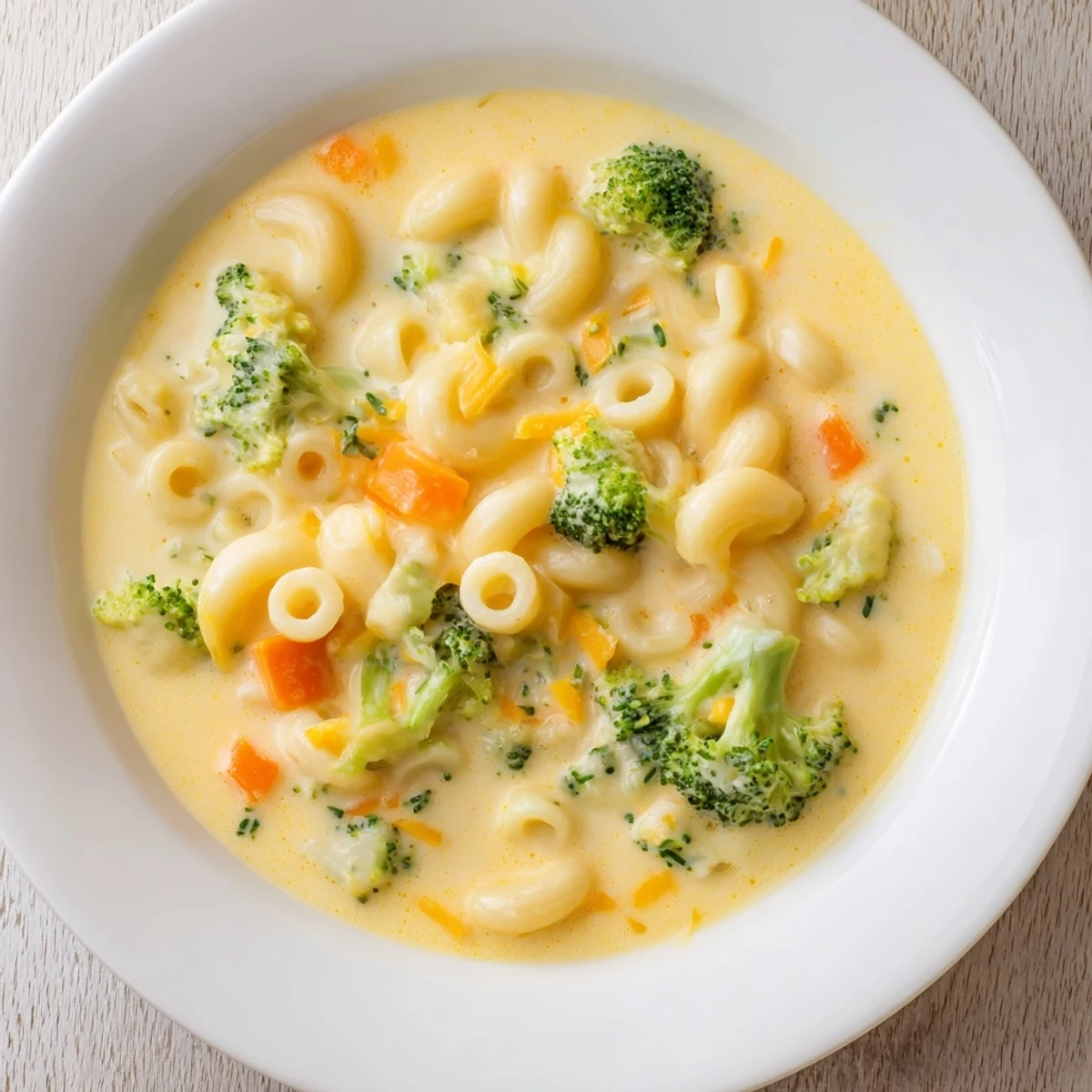 Steaming bowl of One-Pot Broccoli Cheddar Ditalini Soup, with melted cheese and fresh, vibrant broccoli.
