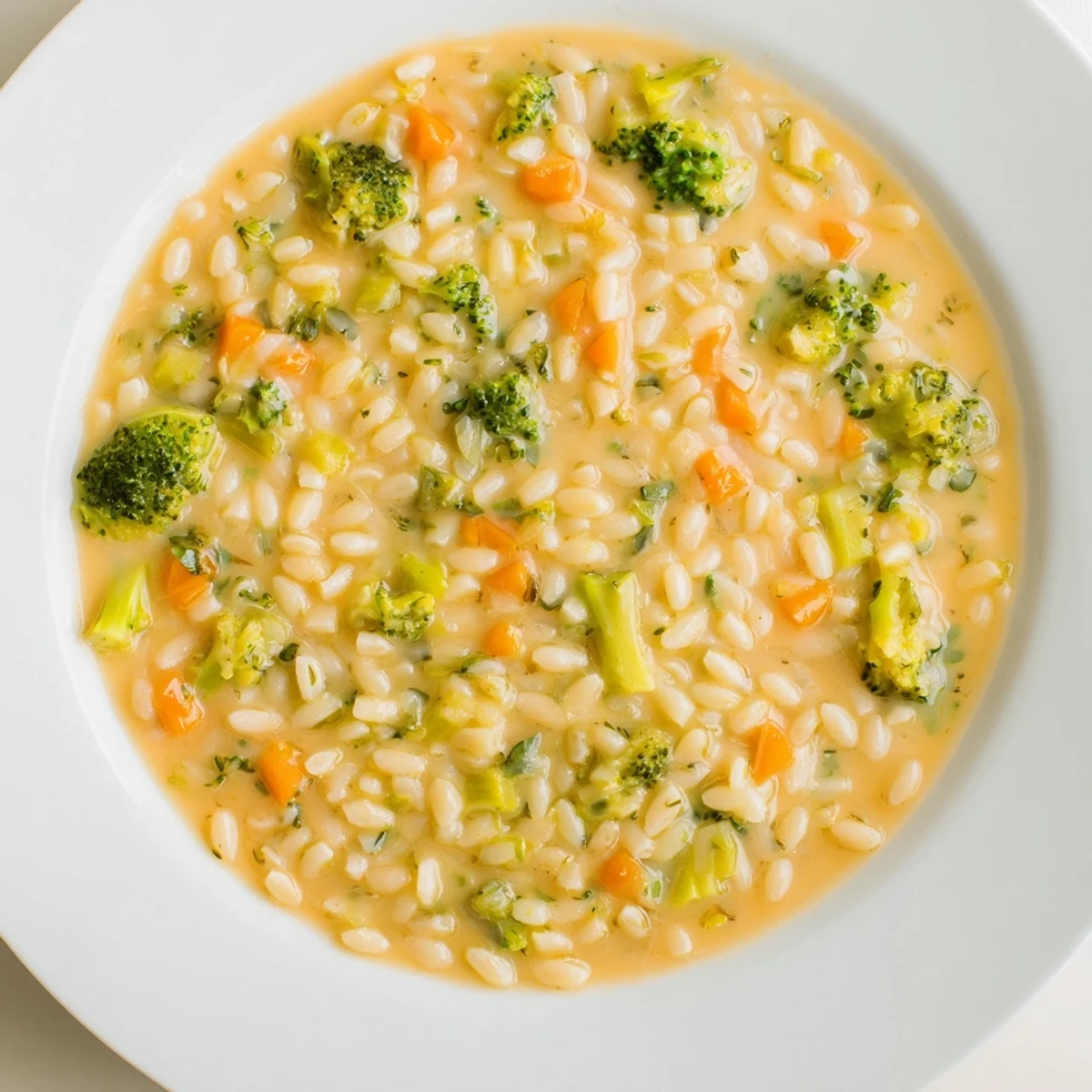 A close-up of cheesy One-Pot Broccoli Cheddar Ditalini Soup, ready to ladle into warm bowls for dinner.