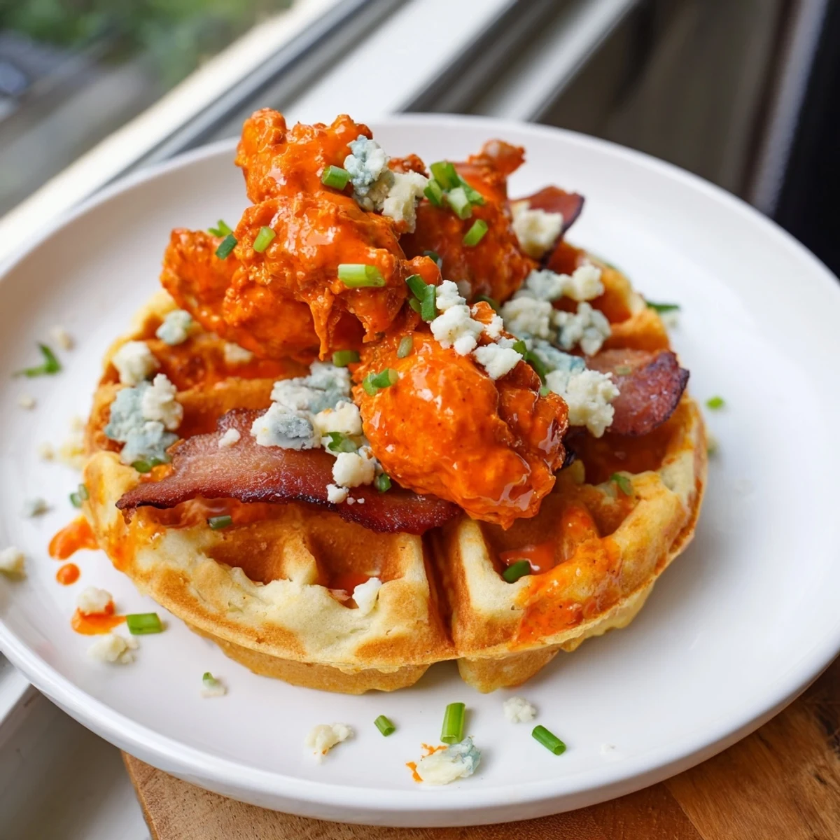 Golden-fried Buffalo chicken bites, crispy bacon, and blue cheese atop toasted mini waffles.