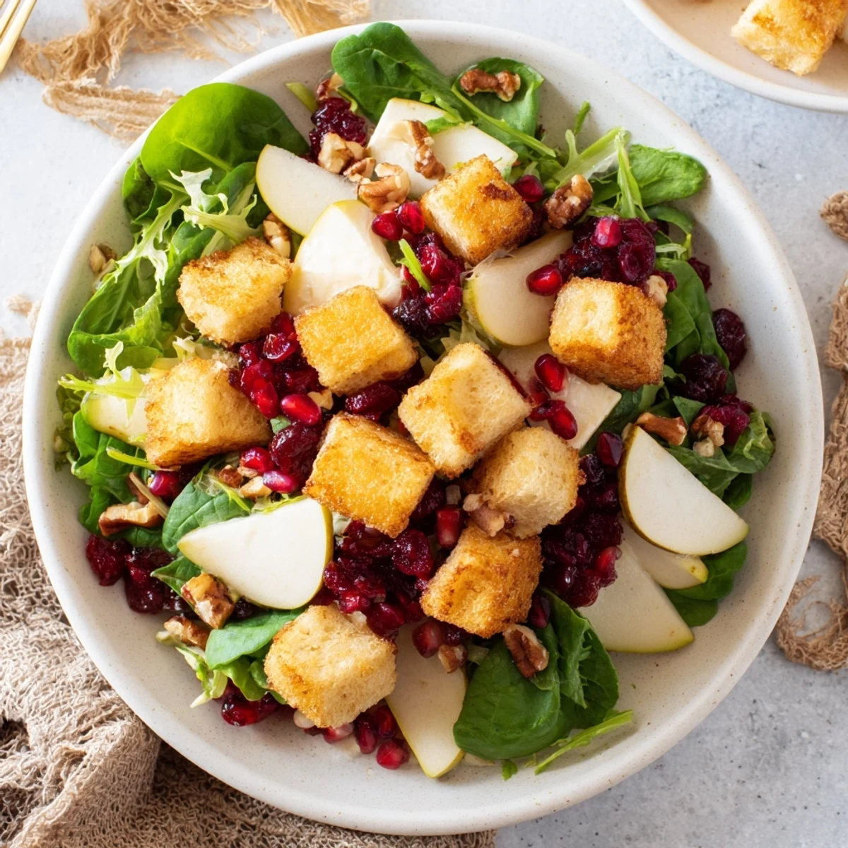 Golden, flaky cranberry and brie flower bites atop fresh salad with pomegranate seeds and pecans.