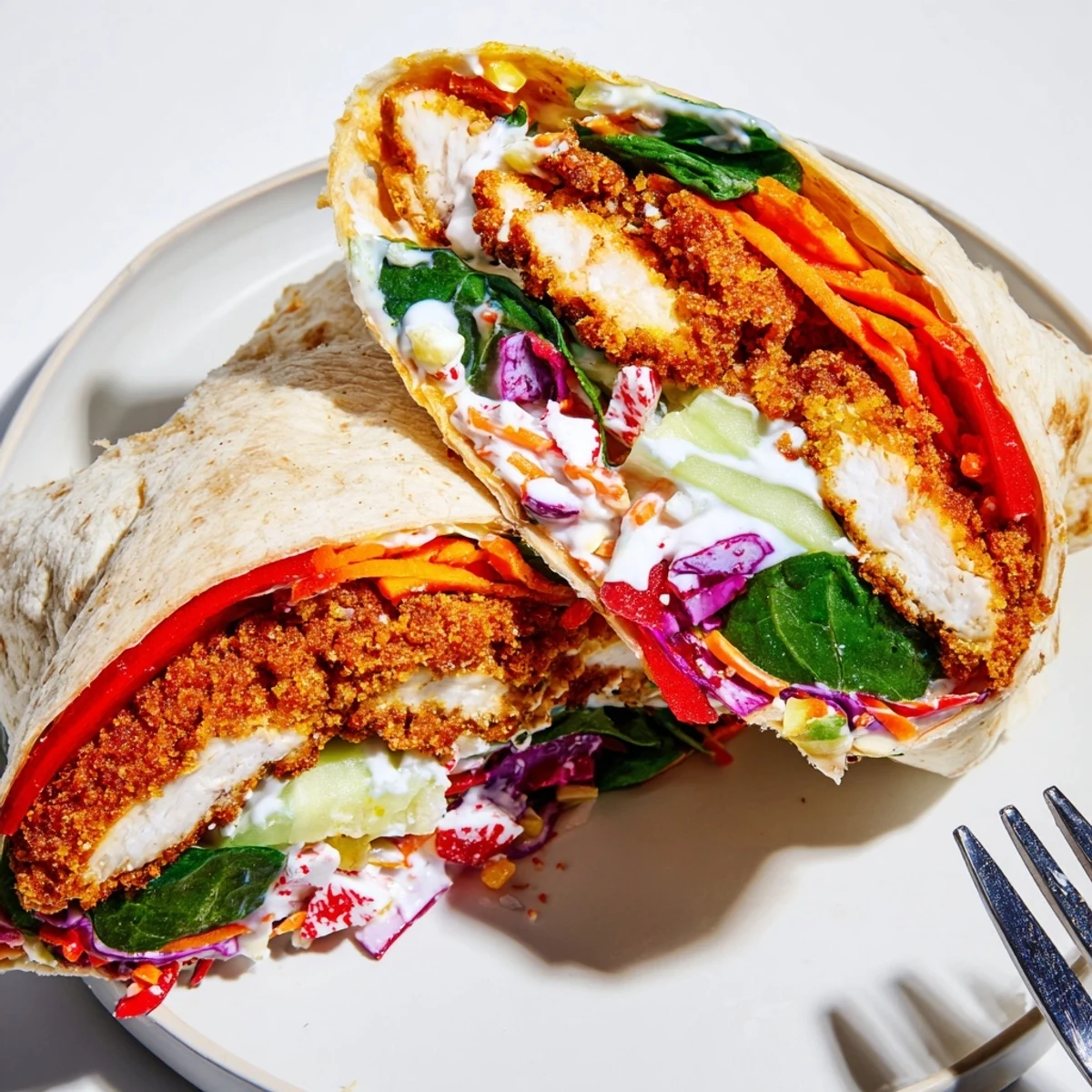 Crispy Candy Cane Crunch Chicken Veggie Wraps, bursting with colorful veggies and peppermint, ready to enjoy.