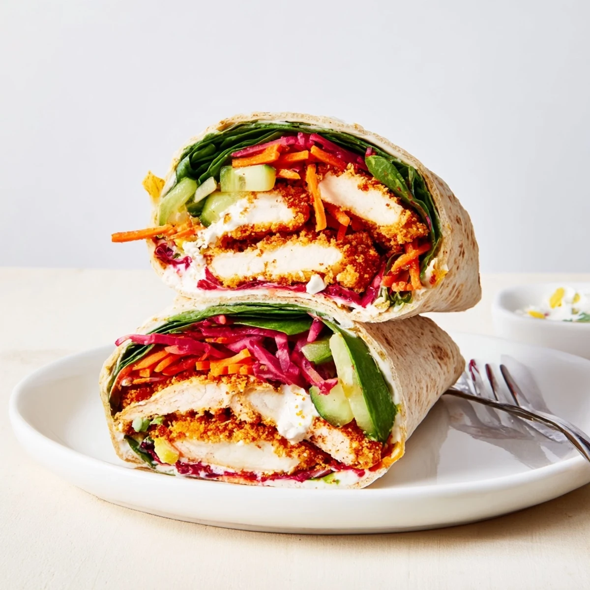 Delicious and flavorful, a completed Candy Cane Crunch Chicken Veggie Wrap, perfect for lunch or dinner.