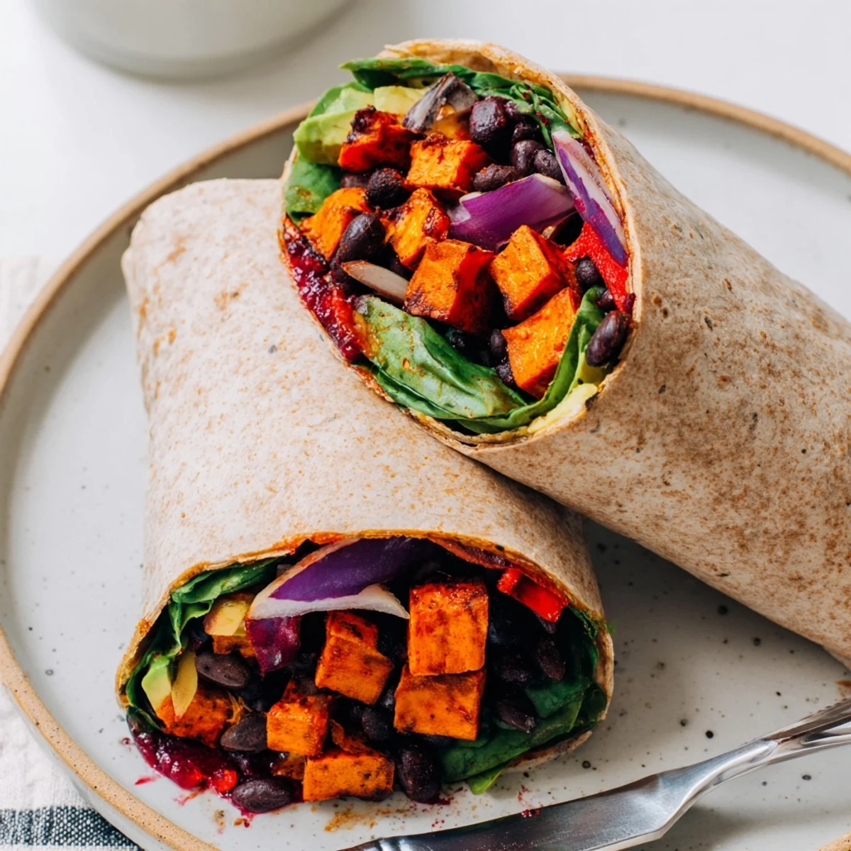 A close-up of a festive Roasted Sweet Potato & Black Bean Holiday Wrap, showcasing vibrant roasted vegetables.