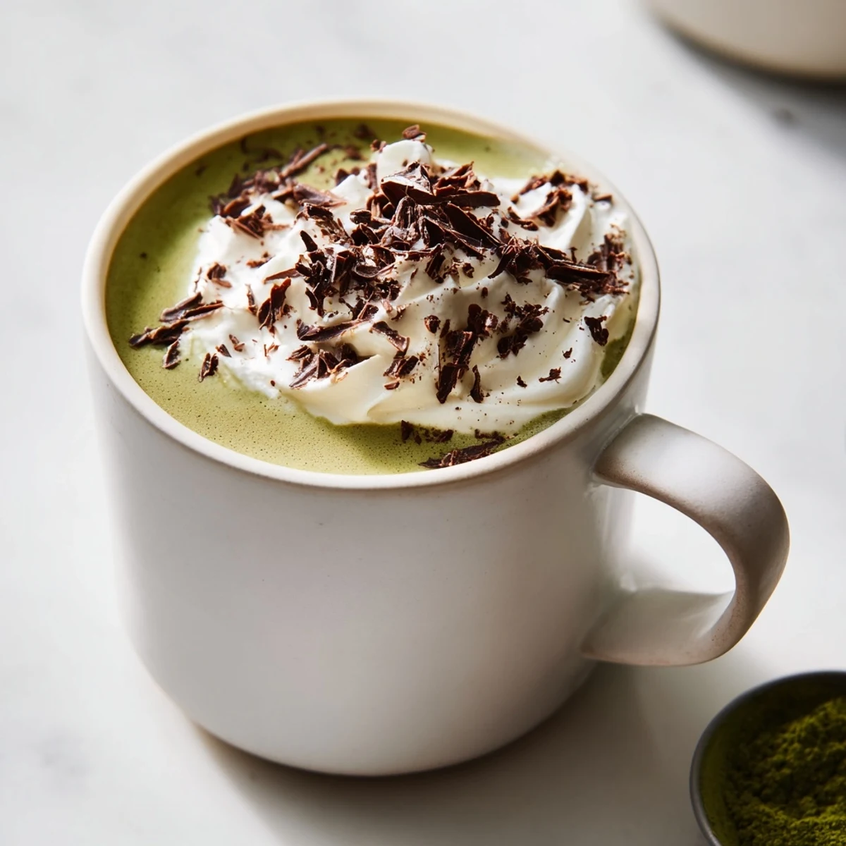 A close up shows the rich, frothy Matcha Hot Cocoa Protein Mug topped with dark chocolate shavings.