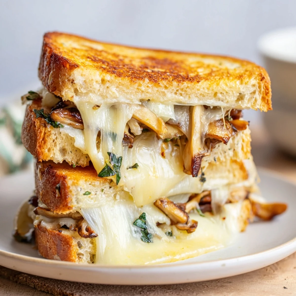 Golden, cheesy Roast Garlic Mushroom & Thyme Grilled Cheese, oozing with savory roasted mushrooms and herbs.