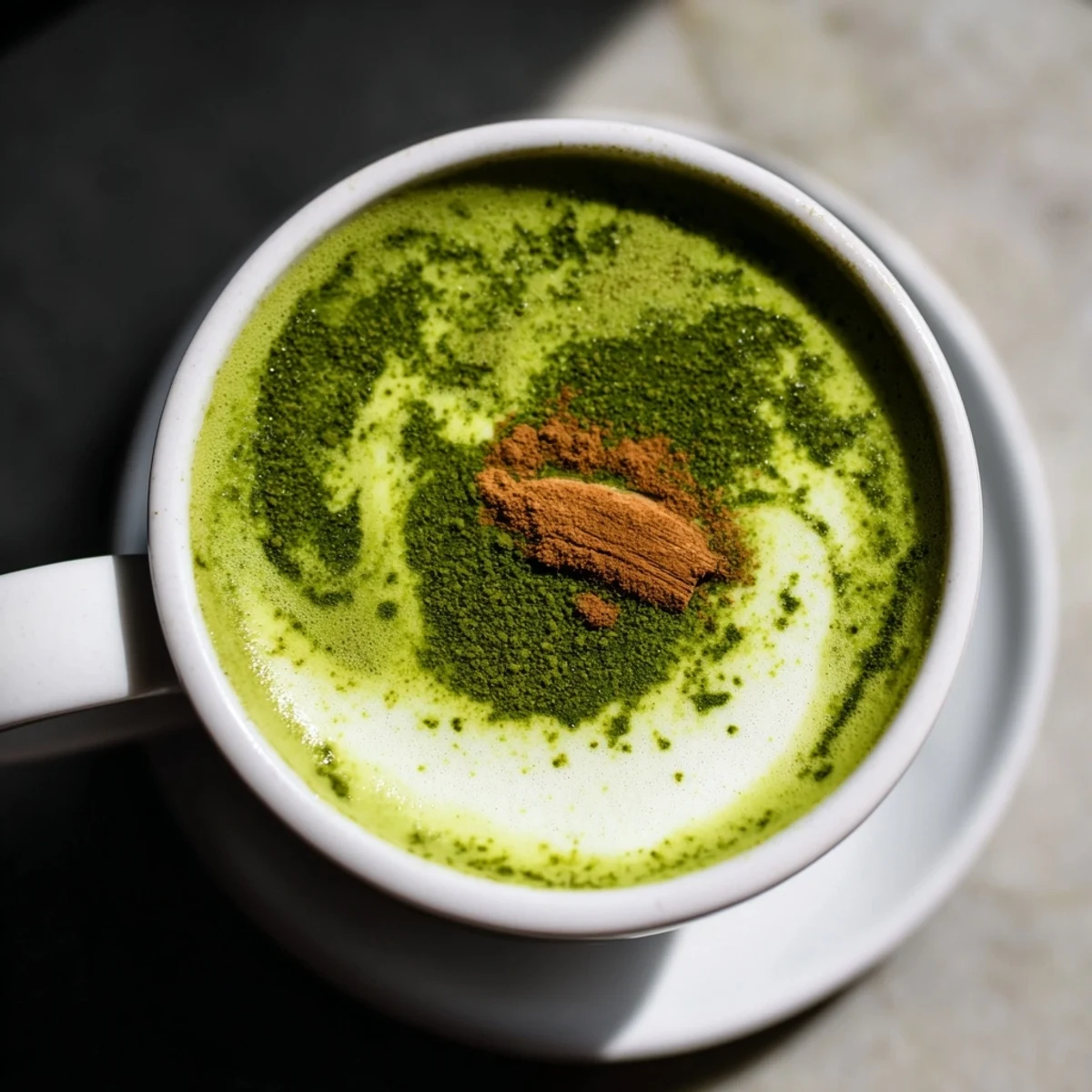 Steaming mug of Maple Cinnamon Gingerbread Matcha Oat Latte, perfect for a chilly morning.
