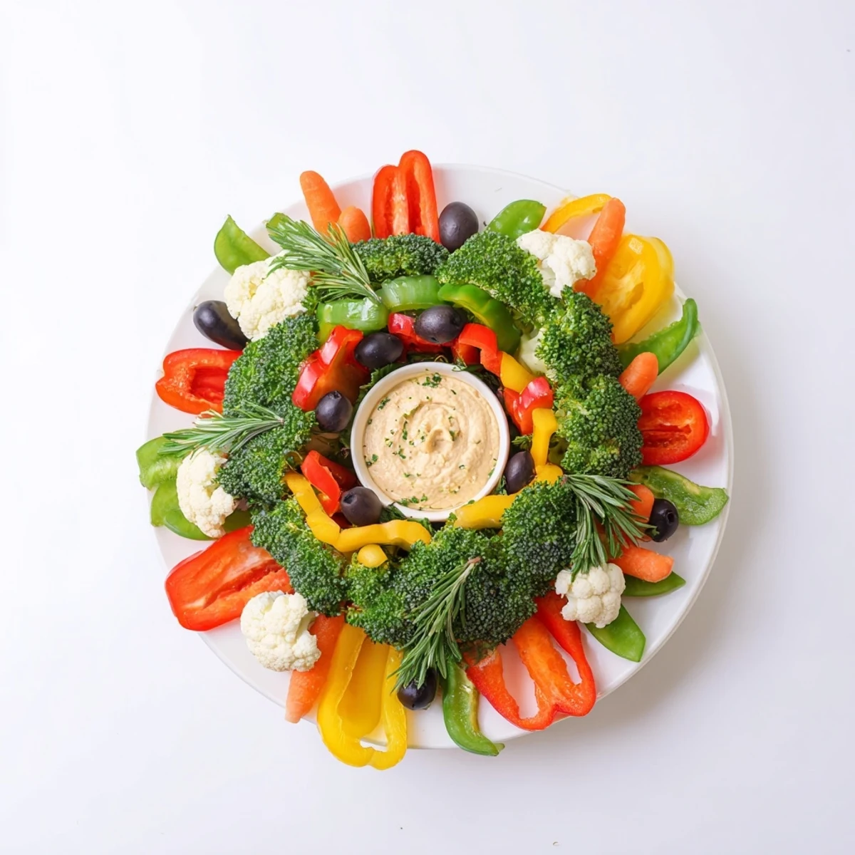Vibrant picture: a colorful Garland Veggie Wreath featuring fresh, raw vegetables, ready to serve.