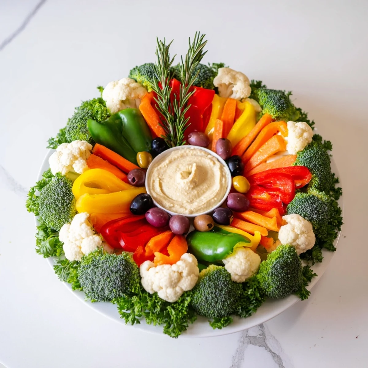 Close-up of the fresh Garland Veggie Wreath, showcasing an array of colorful, crisp vegetables and creamy dip.