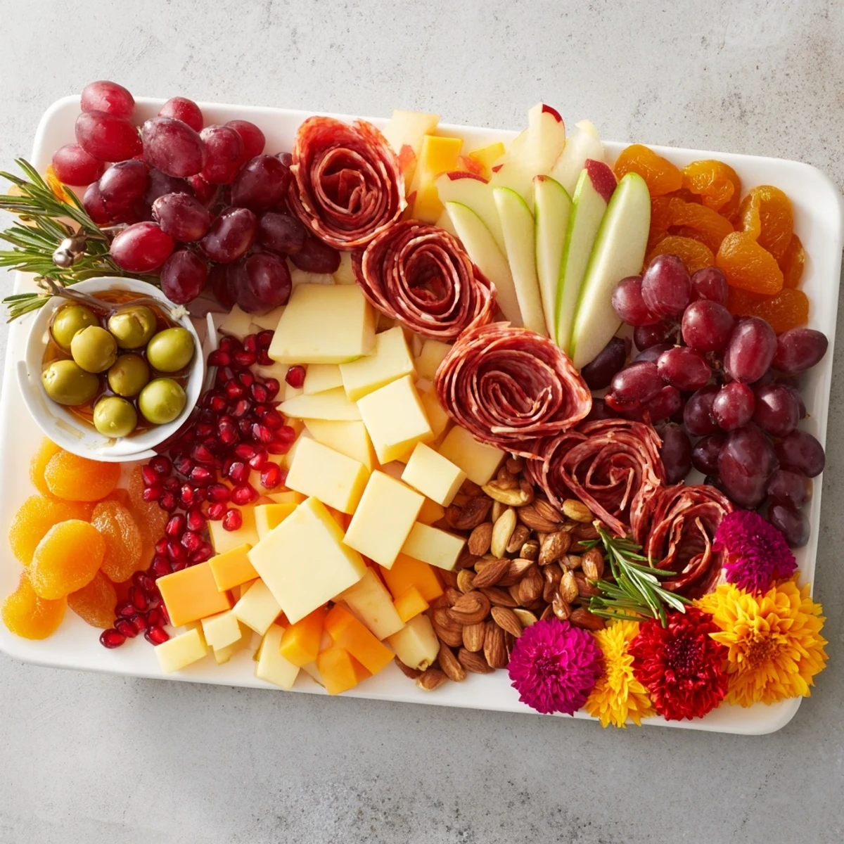 Delicious Holiday bow appetizer platter featuring creamy brie, savory prosciutto, and sparkling red grapes.
