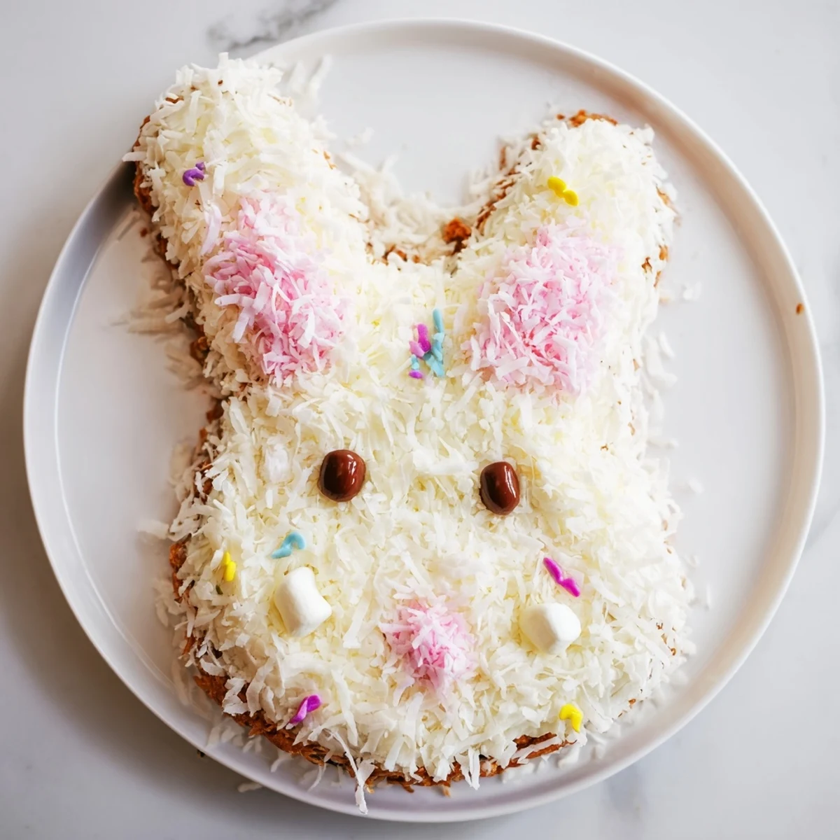 Moist, delicious Spring Bunny Carrot Cake, covered in cream cheese frosting, and shredded coconut fur.