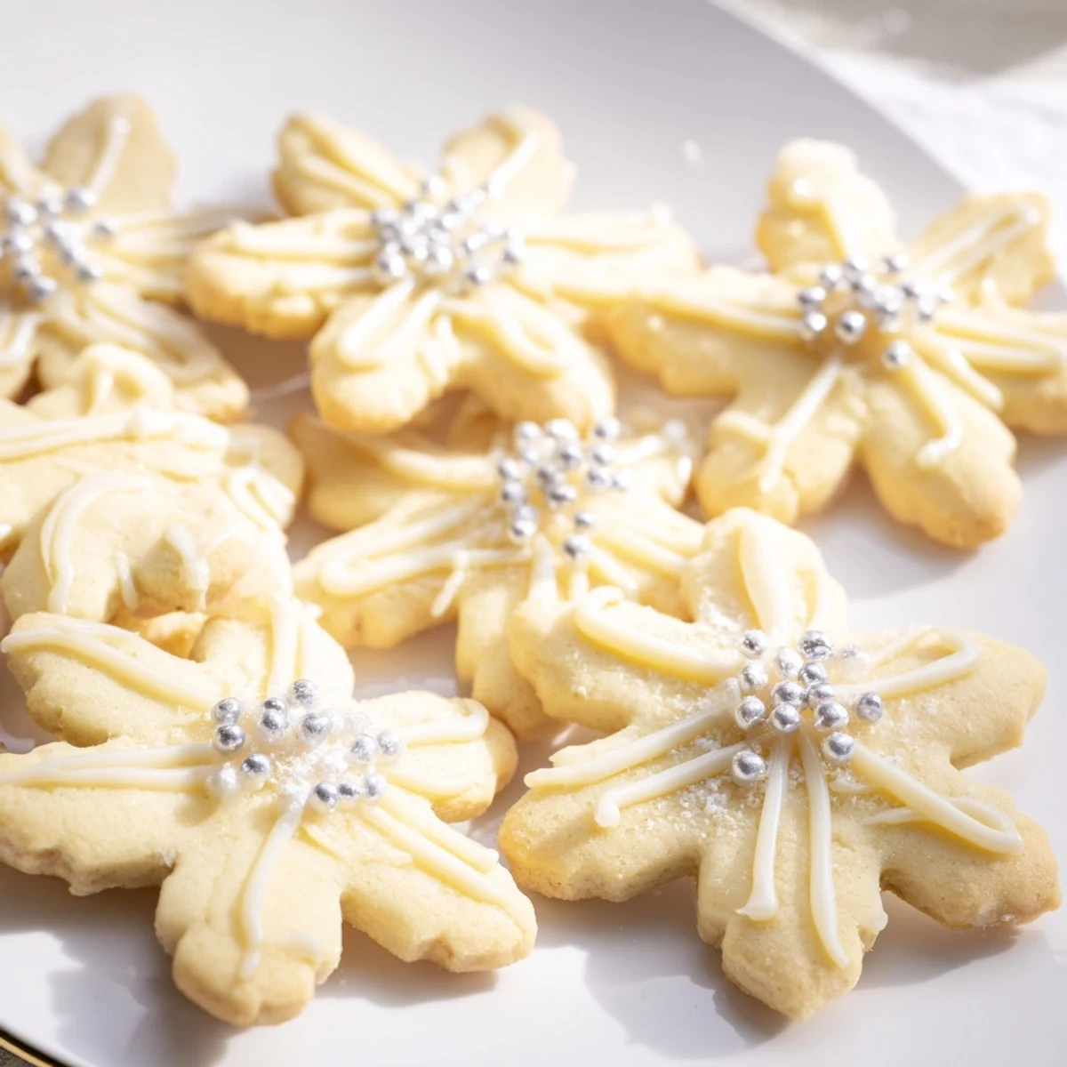 Snowflake cookies arranged artfully on a platter, ready to be enjoyed during the winter season.