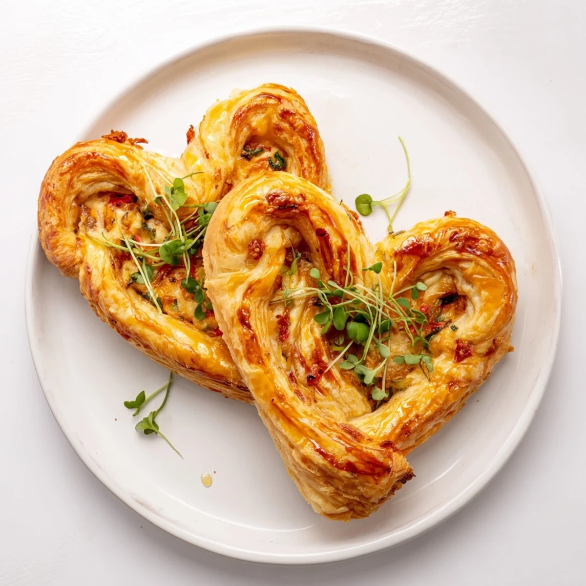 Golden, flaky Cœurs Entrelacés appetizer, invitingly arranged, with creamy cheese filling visible.