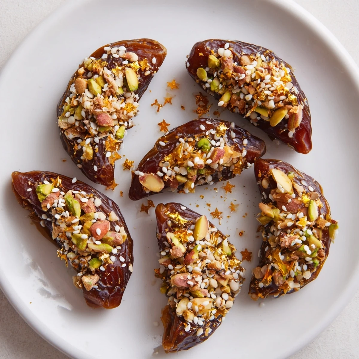 Lunar and Star Date Platter, glistening with honey and sprinkled with sesame seeds, a beautiful Middle Eastern dessert.