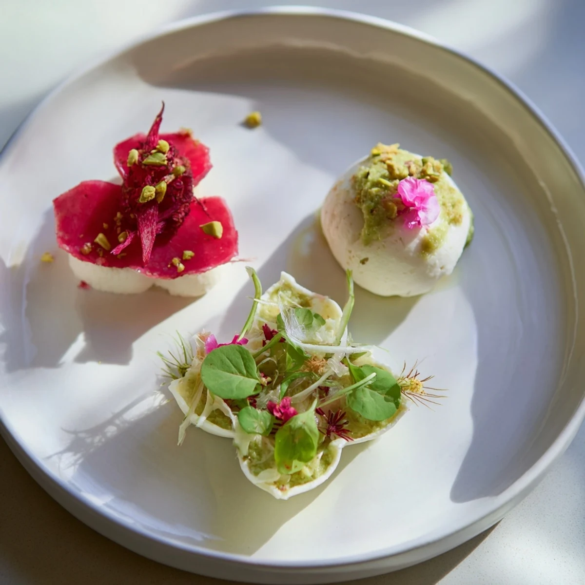 Elegant Lucky Clover Seasonal Starters plated with vibrant green purée and sliced beets, ready to be enjoyed.
