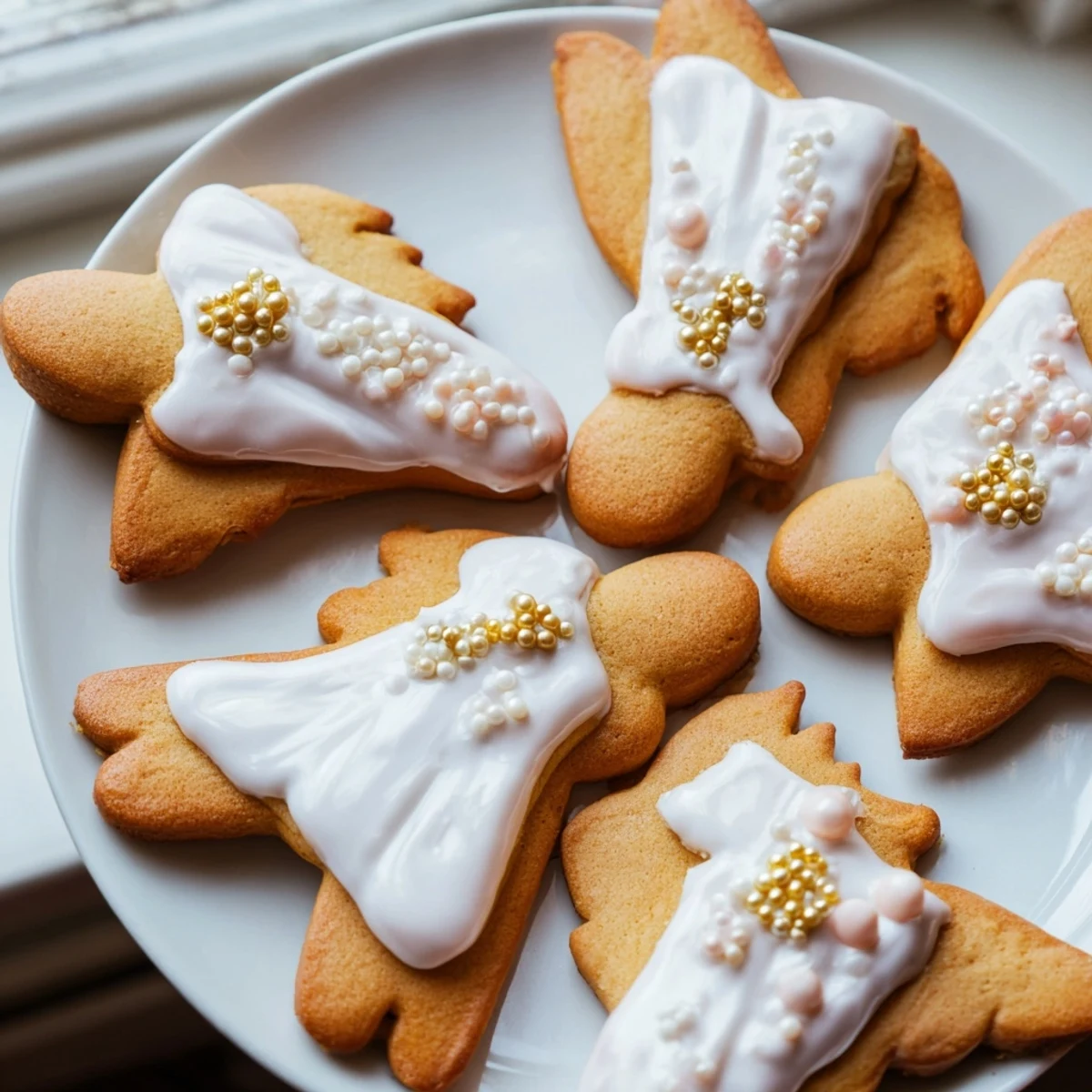 Golden-edged Biscuits Anges de Noël, angel-shaped cookies, beautifully decorated for Christmas baking.