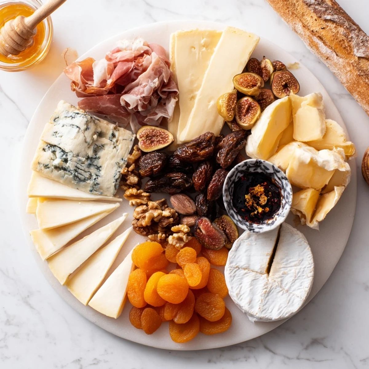 A beautifully arranged Plateau des Rois Mages Gourmand, ready to serve with honey and fig jam.