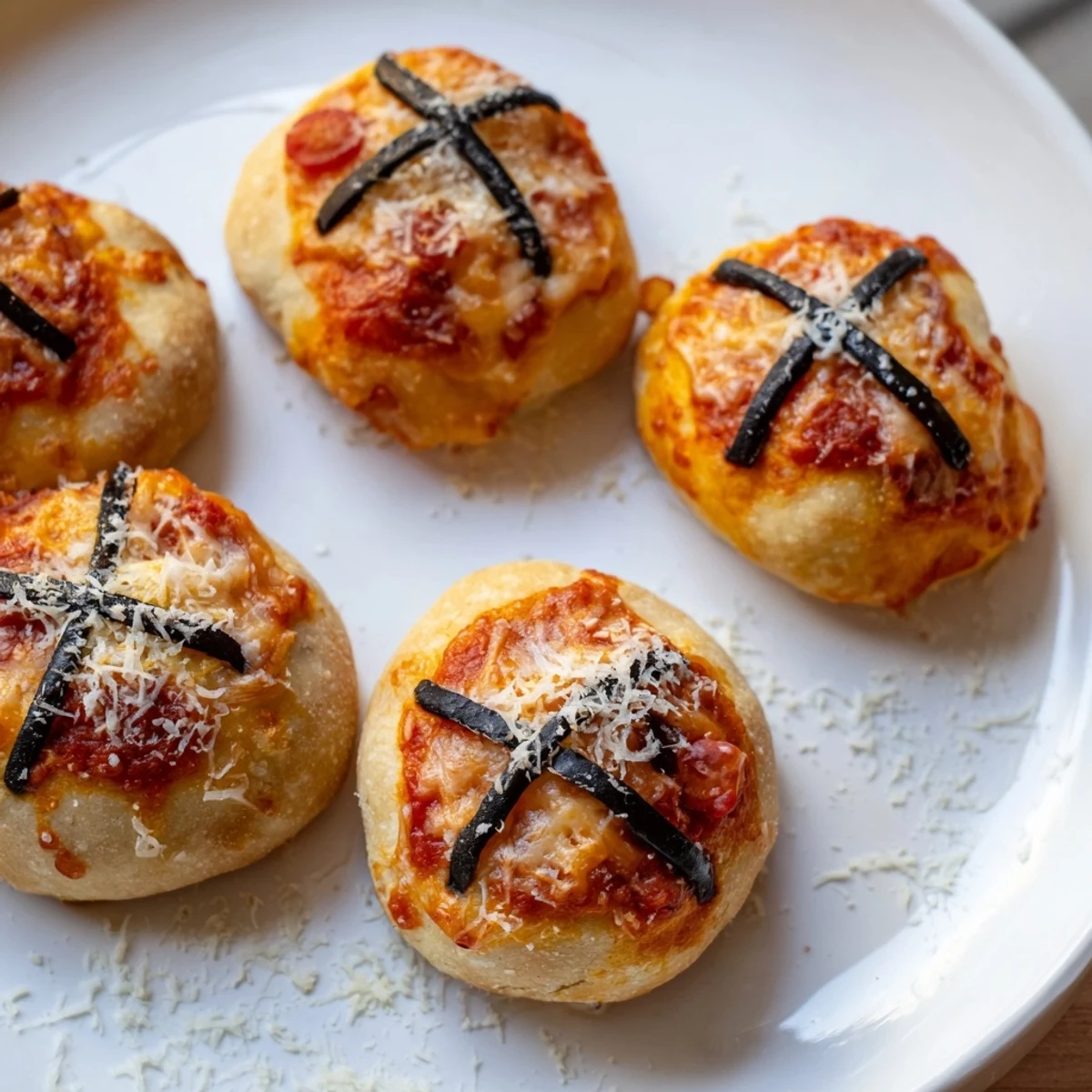 Crispy Basketball Pizza Bites with black olive lines, ready to dip in warm pizza sauce and enjoy.