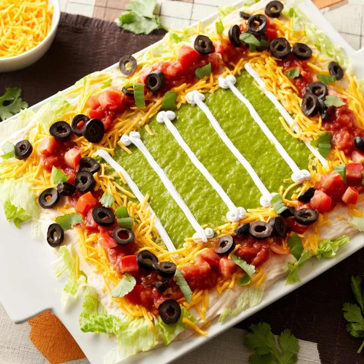 Vibrant Football Field Dip platter with layers of creamy dip and fresh toppings perfect for snacking.