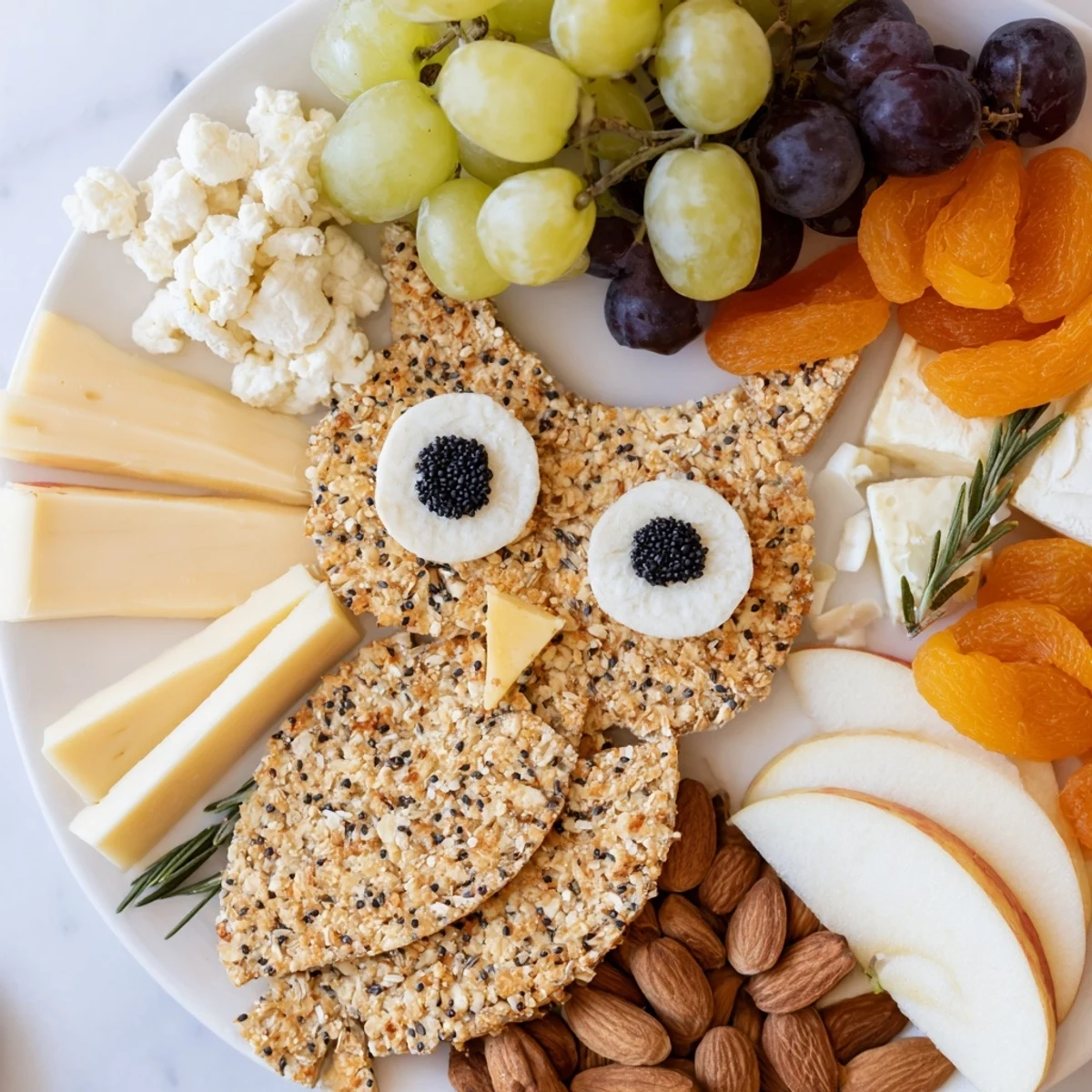 This festive Owl Cracker and Cheese Board presents a delicious array of cheeses, fruits, and crackers.