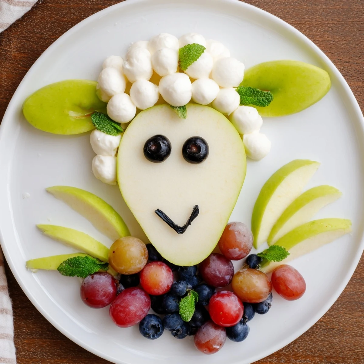 Lamb Face Fruit and Cheese Platter: A festive arrangement showcasing fresh fruit, creamy cheeses, and olives.