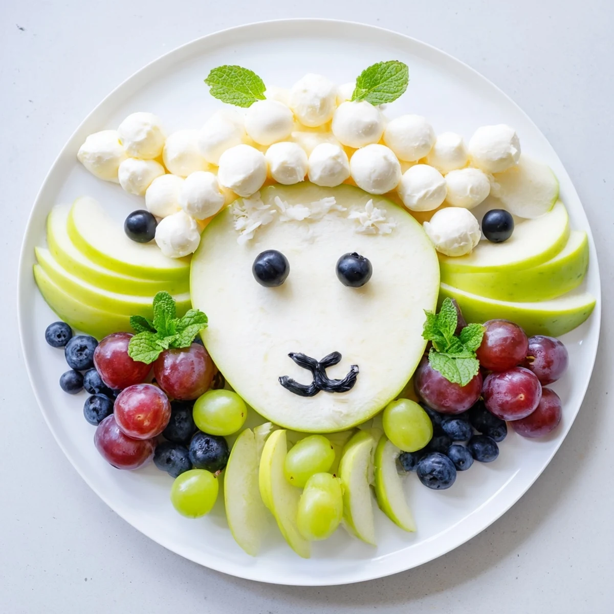 Enjoy the unique Lamb Face Fruit and Cheese Platter, a delightful snack featuring mozzarella "wool" and mint.