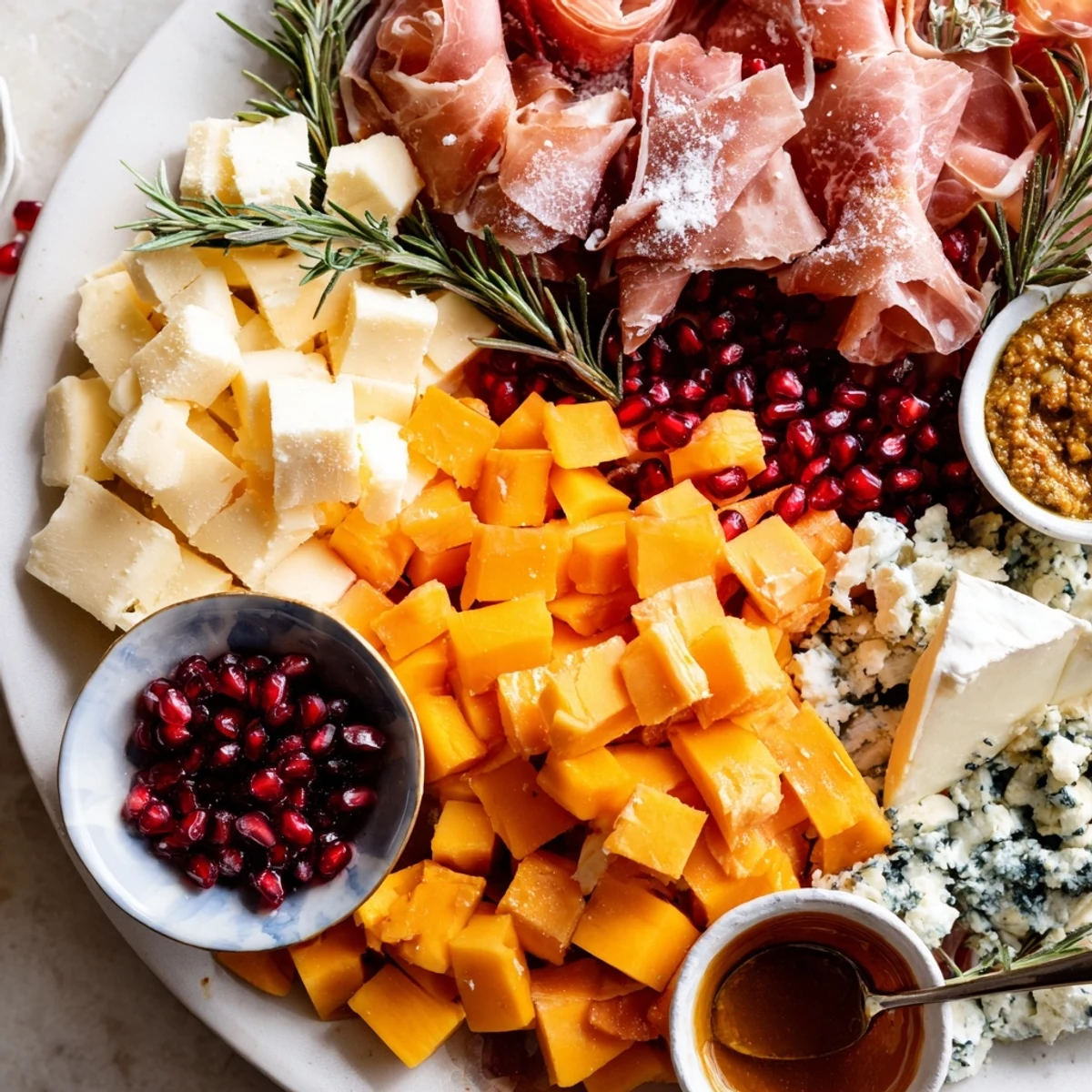 This delicious winter forest charcuterie scene is filled with meats, cheeses, olives, and fresh grapes.