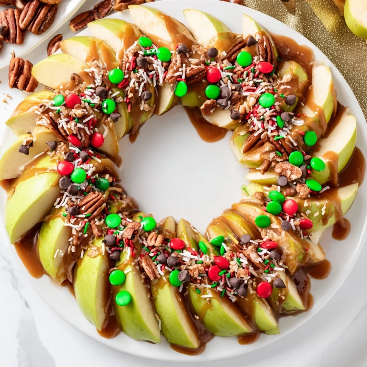 Delectable close-up of a caramel apple slice Christmas wreath, perfect for a holiday dessert display.