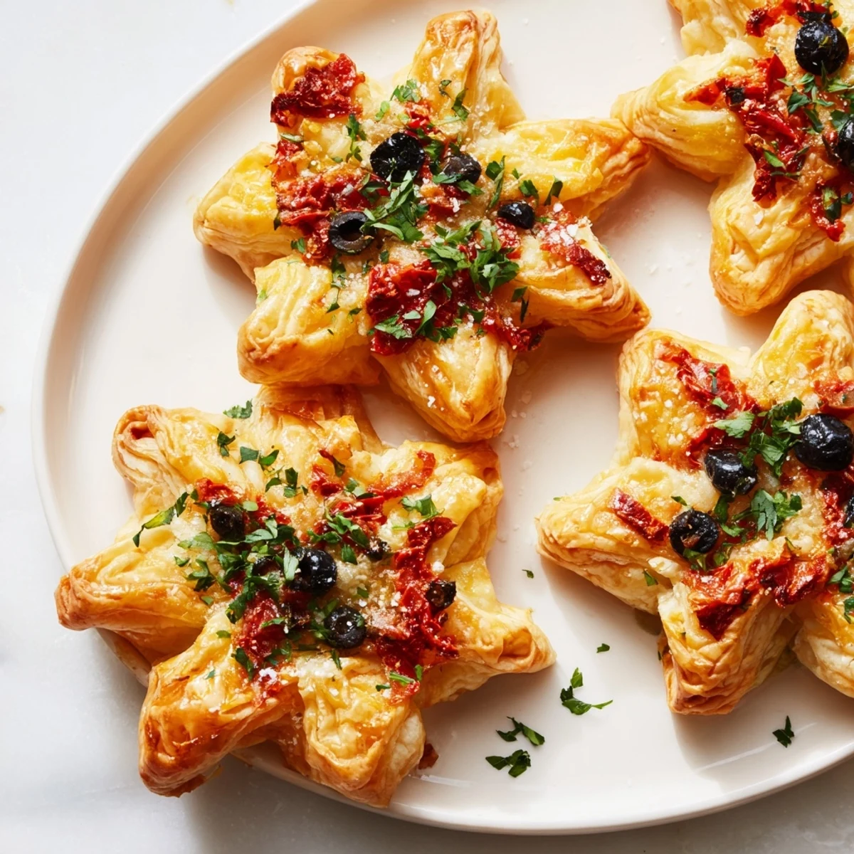 Golden-brown Olive and Sundried Tomato Star Garland, a delightful appetizer ready to serve with sparkling wine.