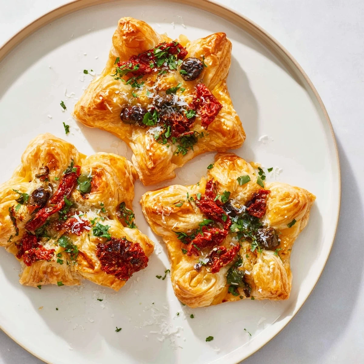 Savory Olive and Sundried Tomato Star Garland: Flaky, star-shaped pastries topped with olives and tomatoes for a holiday appetizer.