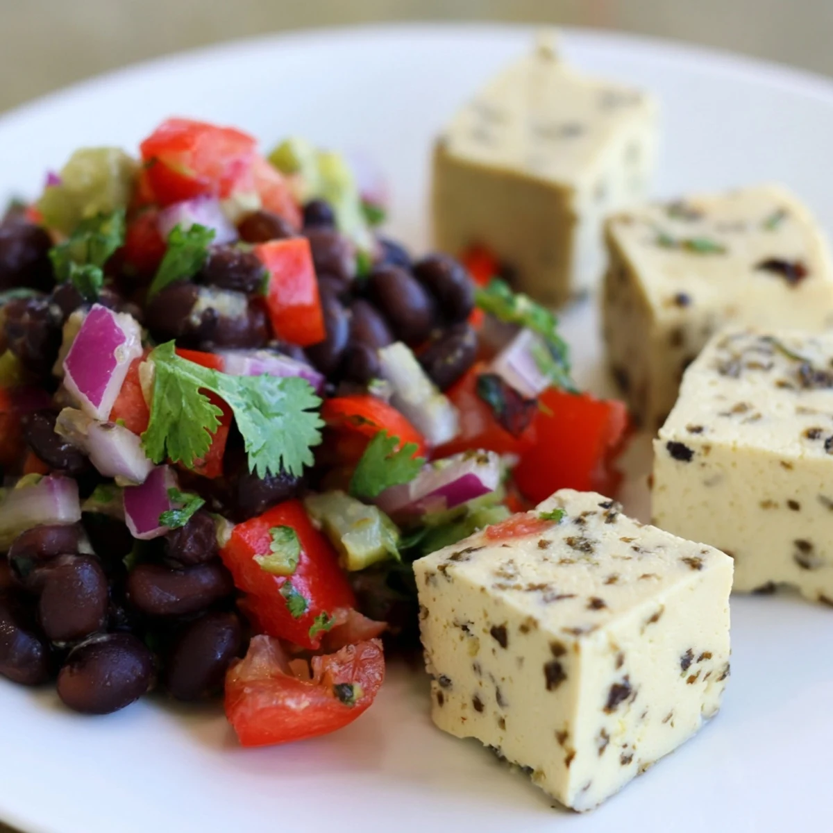 Fresh, vibrant black bean salsa surrounds spicy Pepper Jack cheese cubes in this savory bites image.