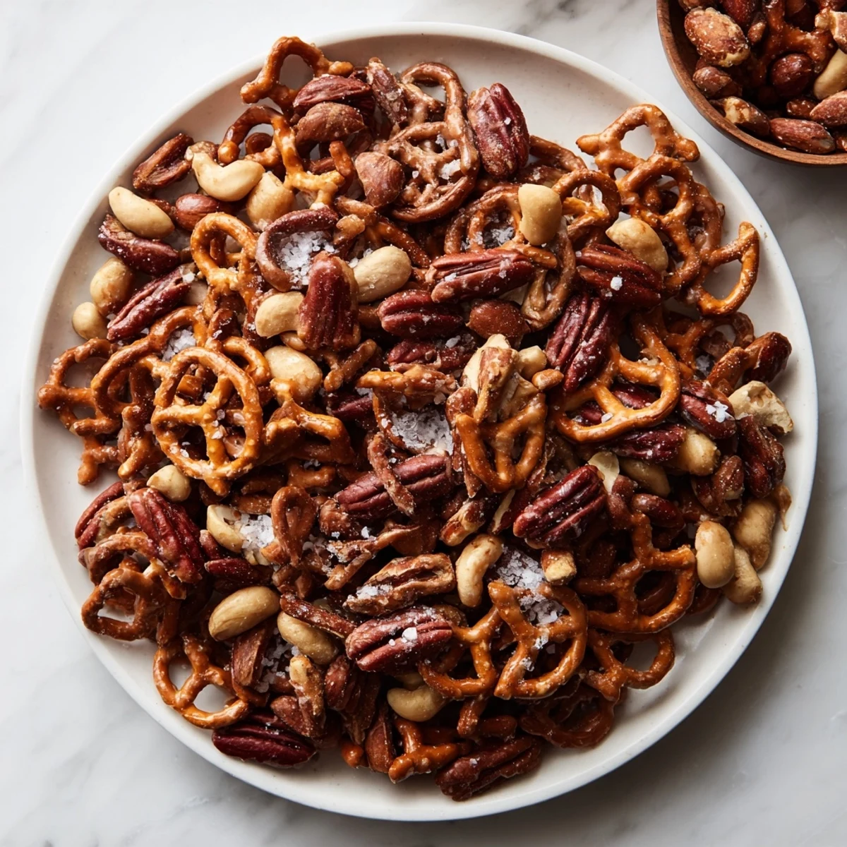 Golden salted caramel pretzels and nuts snack, oven-baked to a perfect, crunchy finish.