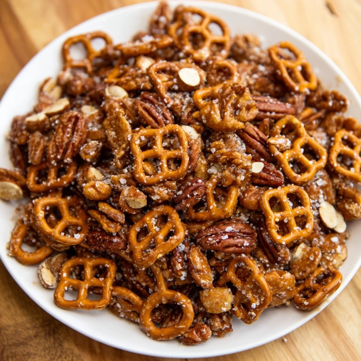 Warm buttery salted caramel coats these pretzels and nuts, a party-perfect, easy treat.