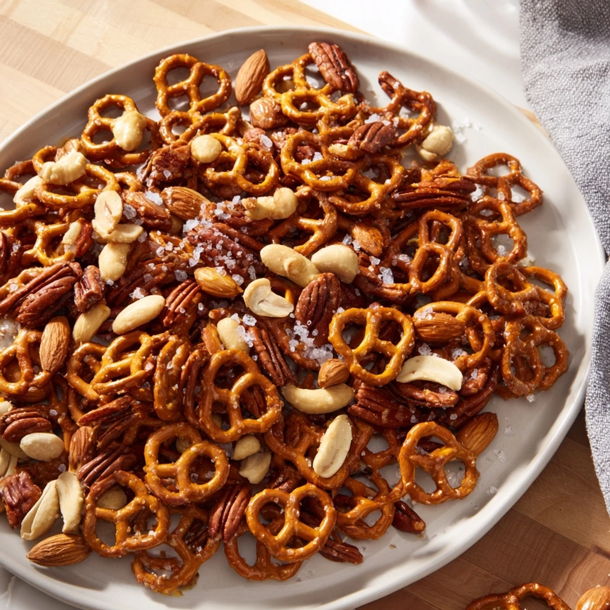 Sweet and salty salted caramel pretzels and nuts in a tasty mix, ready for serving.