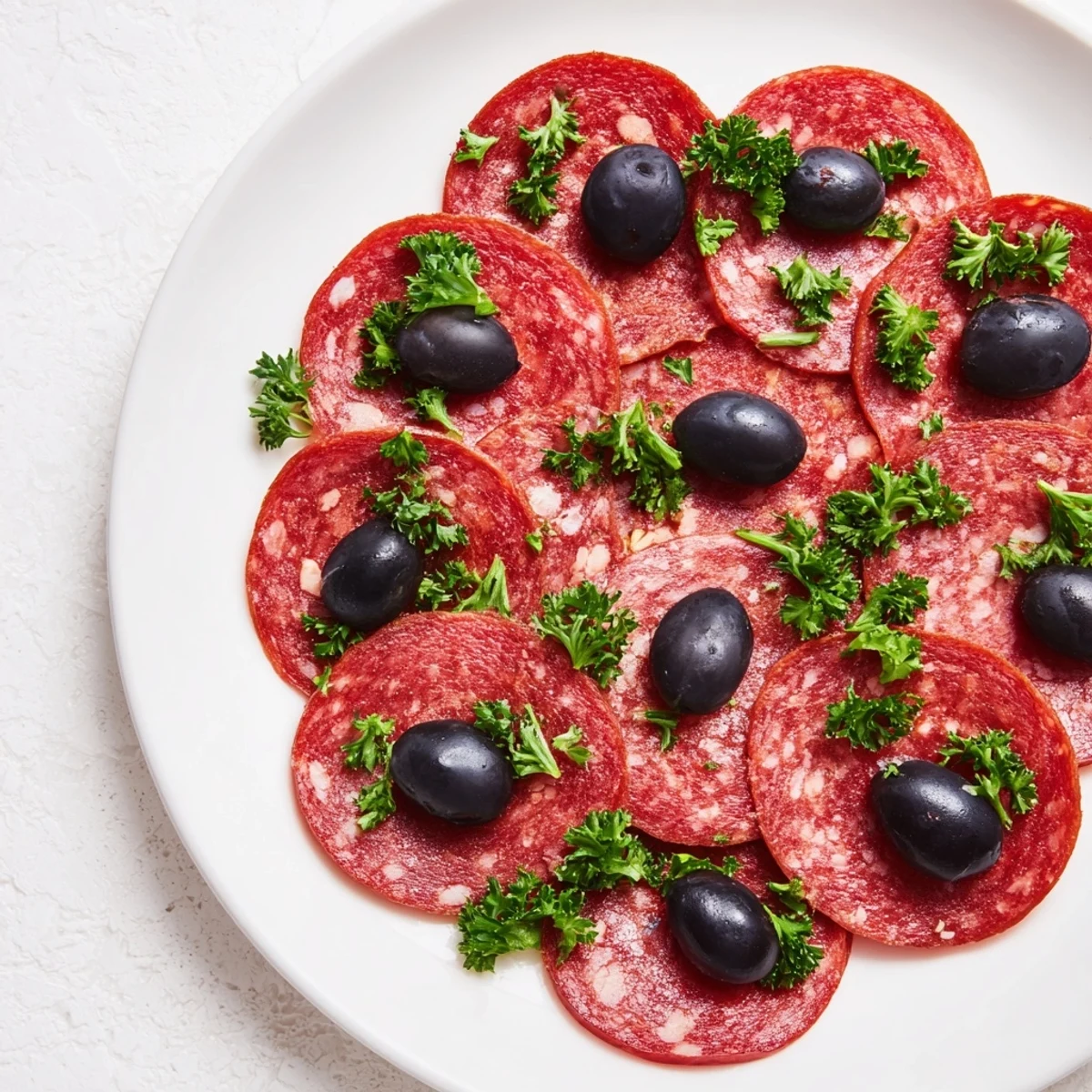 Savory sliced pepperoni with halved olives, arranged for a quick and delicious appetizer.
