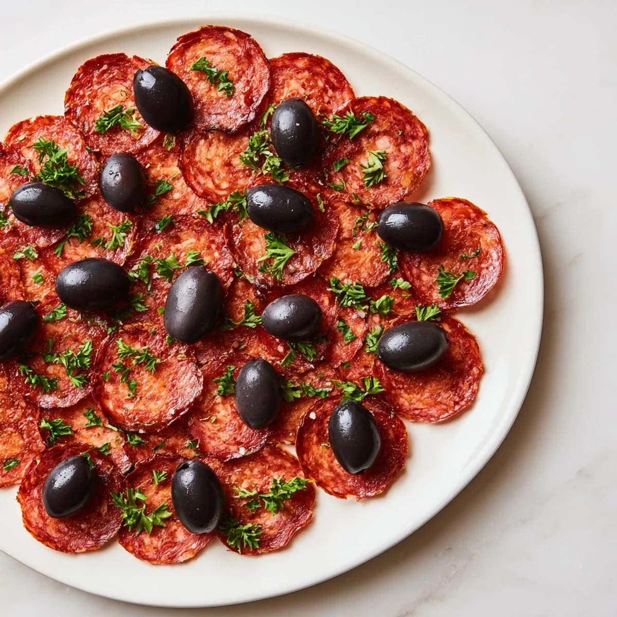 Bright red pepperoni slices topped with salty olive halves, a simple party appetizer recipe.