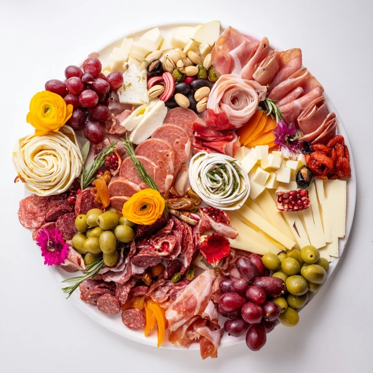 A beautiful Advanced Artisan Array charcuterie board piled high with meats, cheeses, and garnishes.