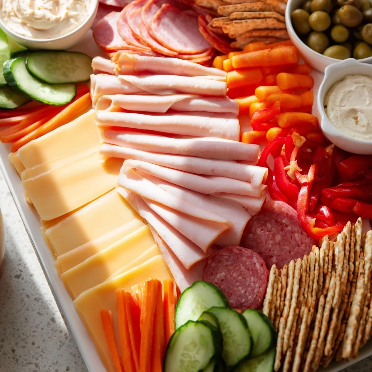 Family spread platter showcasing colorful meats, cheeses, and vegetables arranged for sharing.