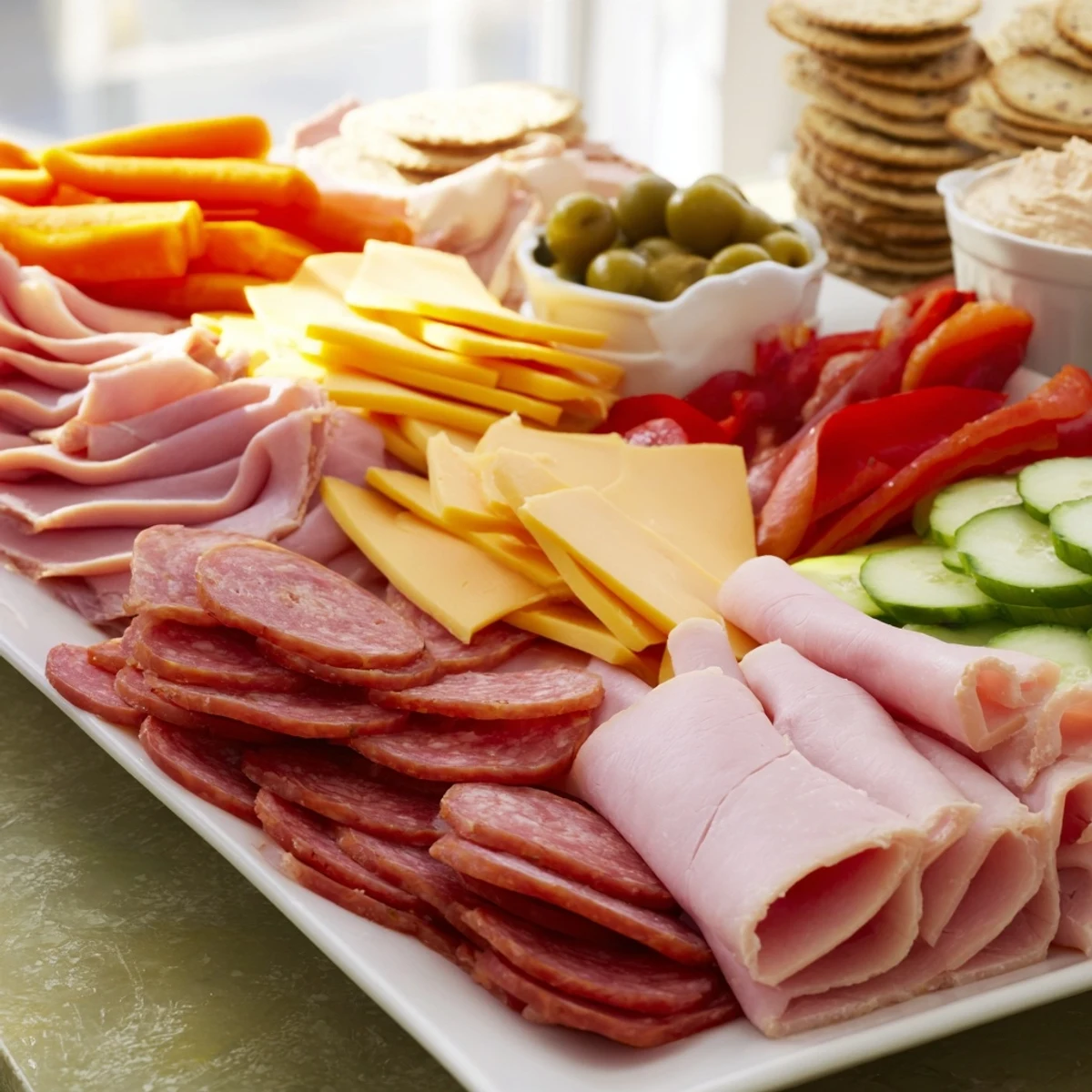 Close-up of a budget-friendly family spread with salami, crackers, and carrots perfect for gathering friends.