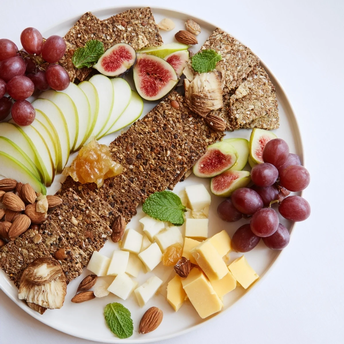 The Harvest Scythe bread and fruit platter, overflowing with colorful fruits, grains, and cheeses.