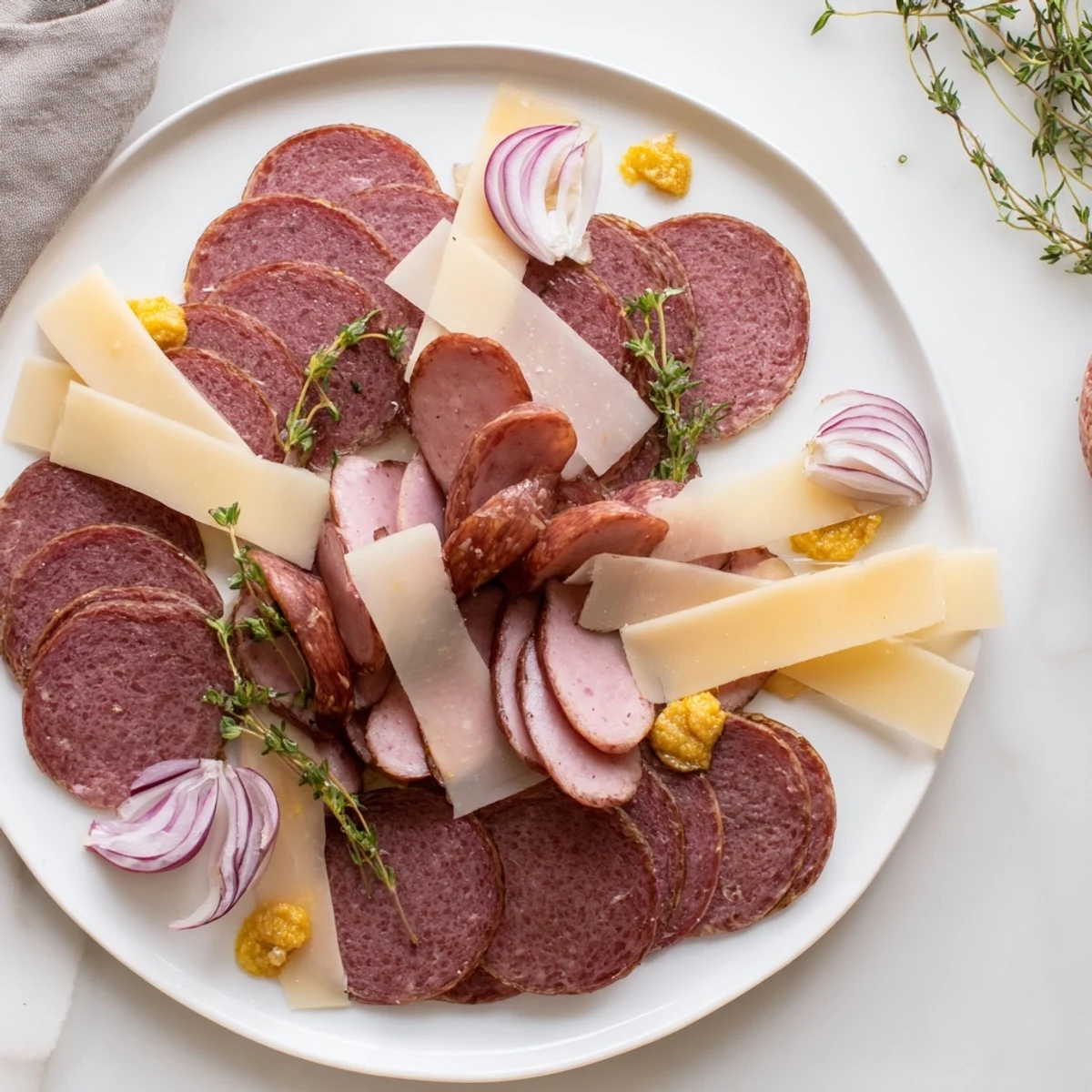 An appealing charcuterie platter, The Burlap & Lace, showcases the contrast of smoky meats with delicate cheeses.