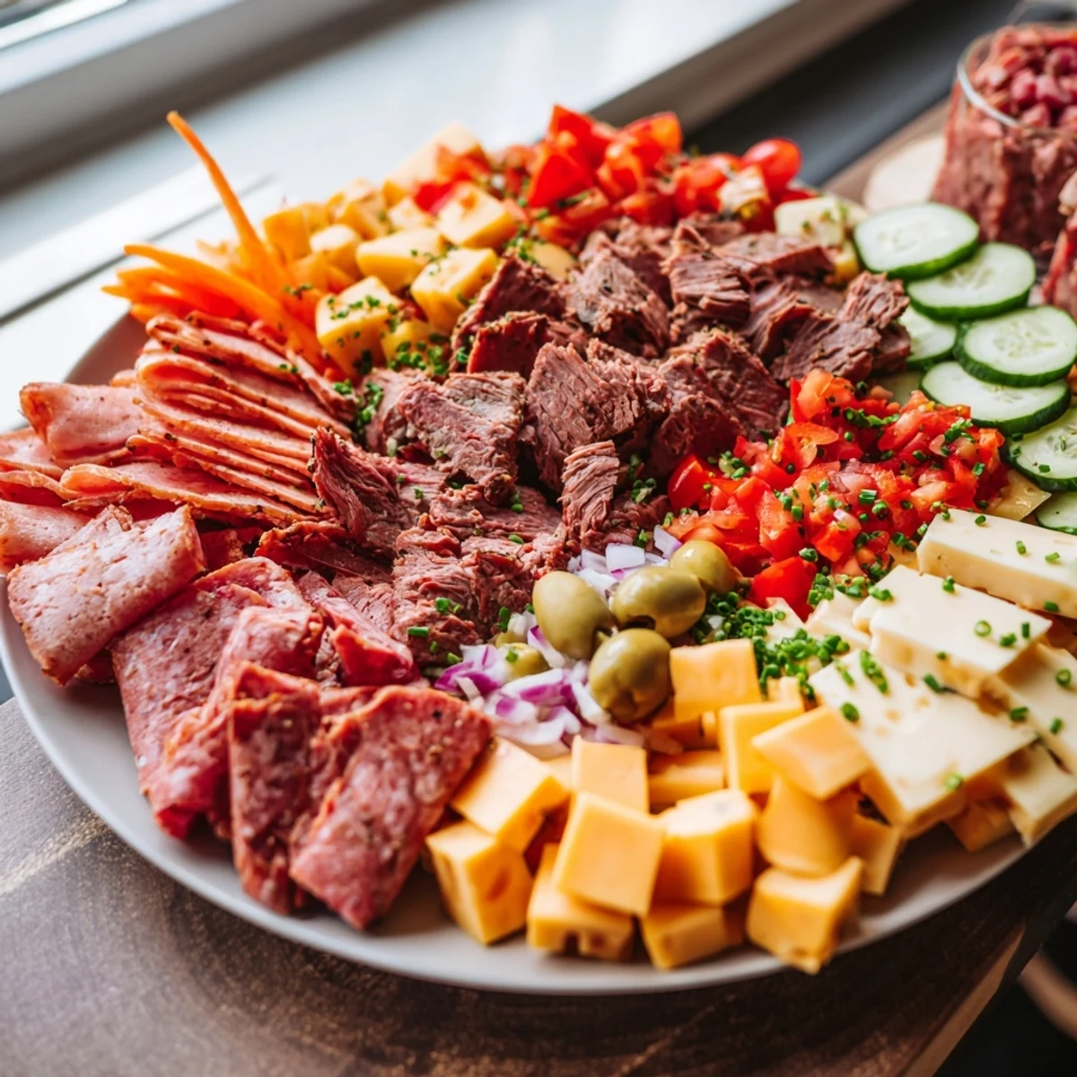 Keto Power Plate: A colorful platter of meats, cheeses, and fresh veggies, ready to eat.