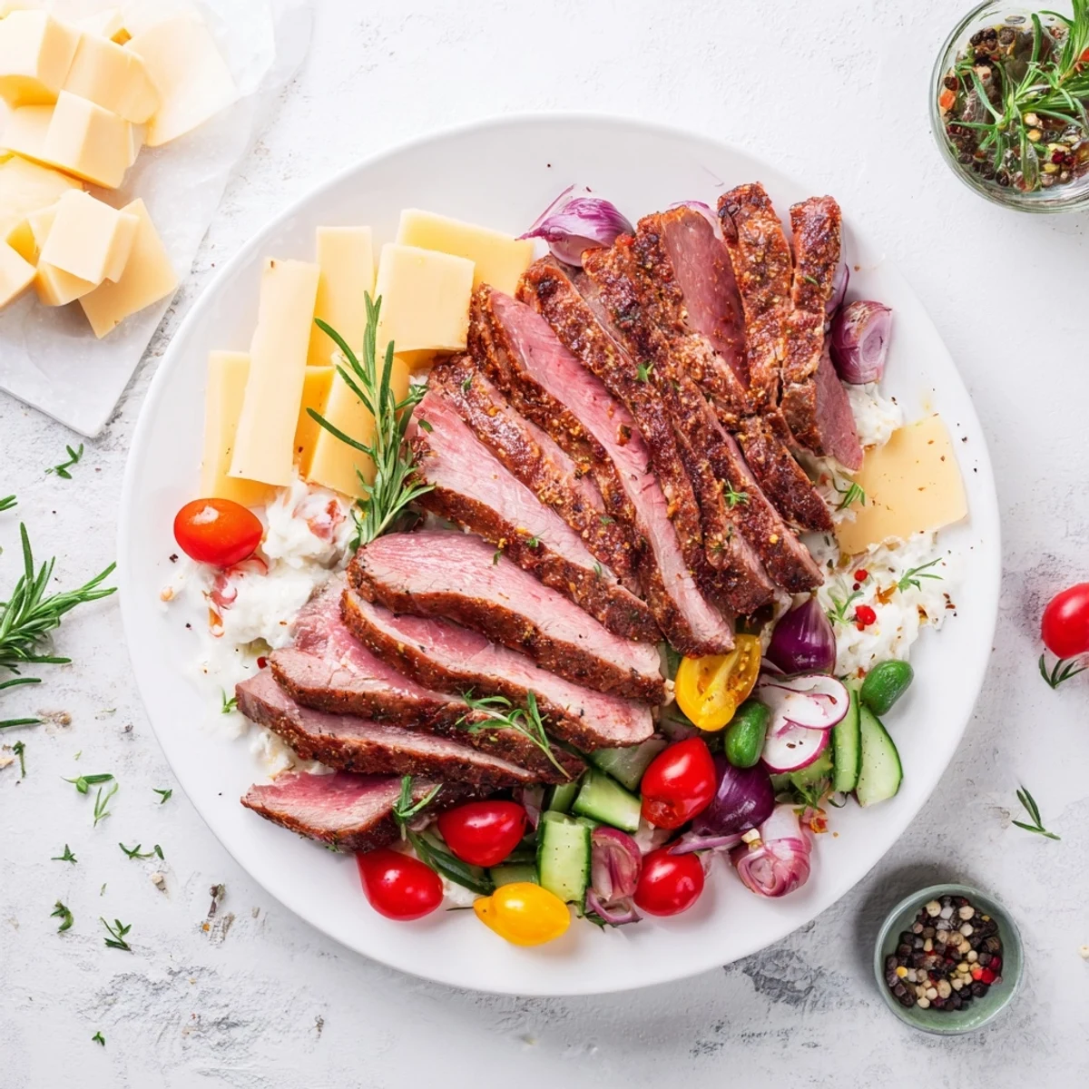 Enjoy a Keto Power Plate: Savor the flavorful meats, cheeses and crisp veggies on a serving platter.