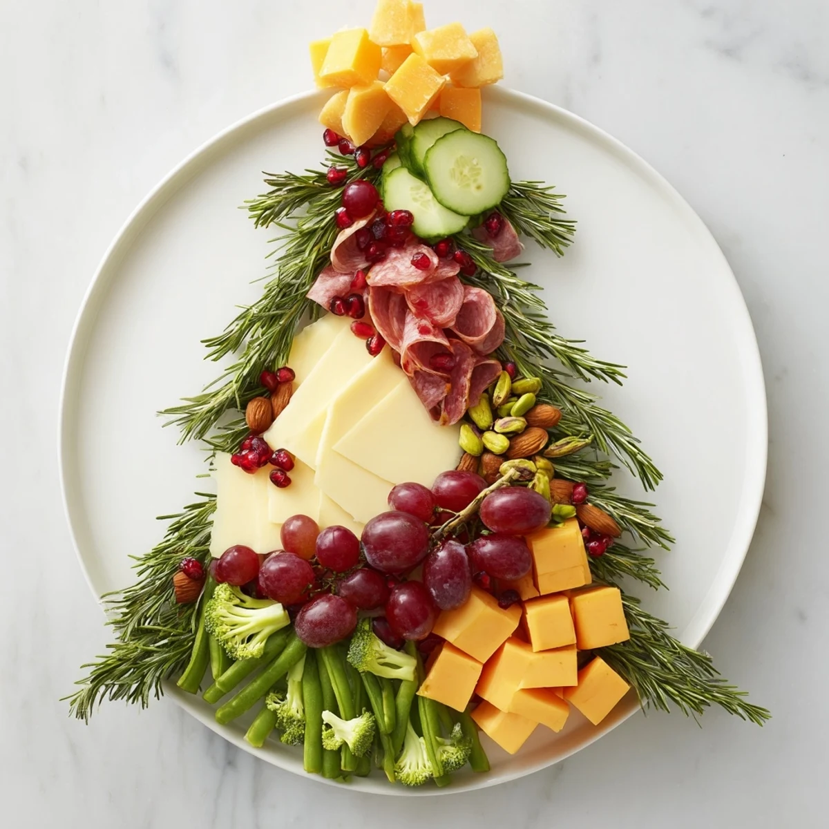 Festive evergreen tree snack board with colorful cheeses, charcuterie and juicy fruits for the holidays.