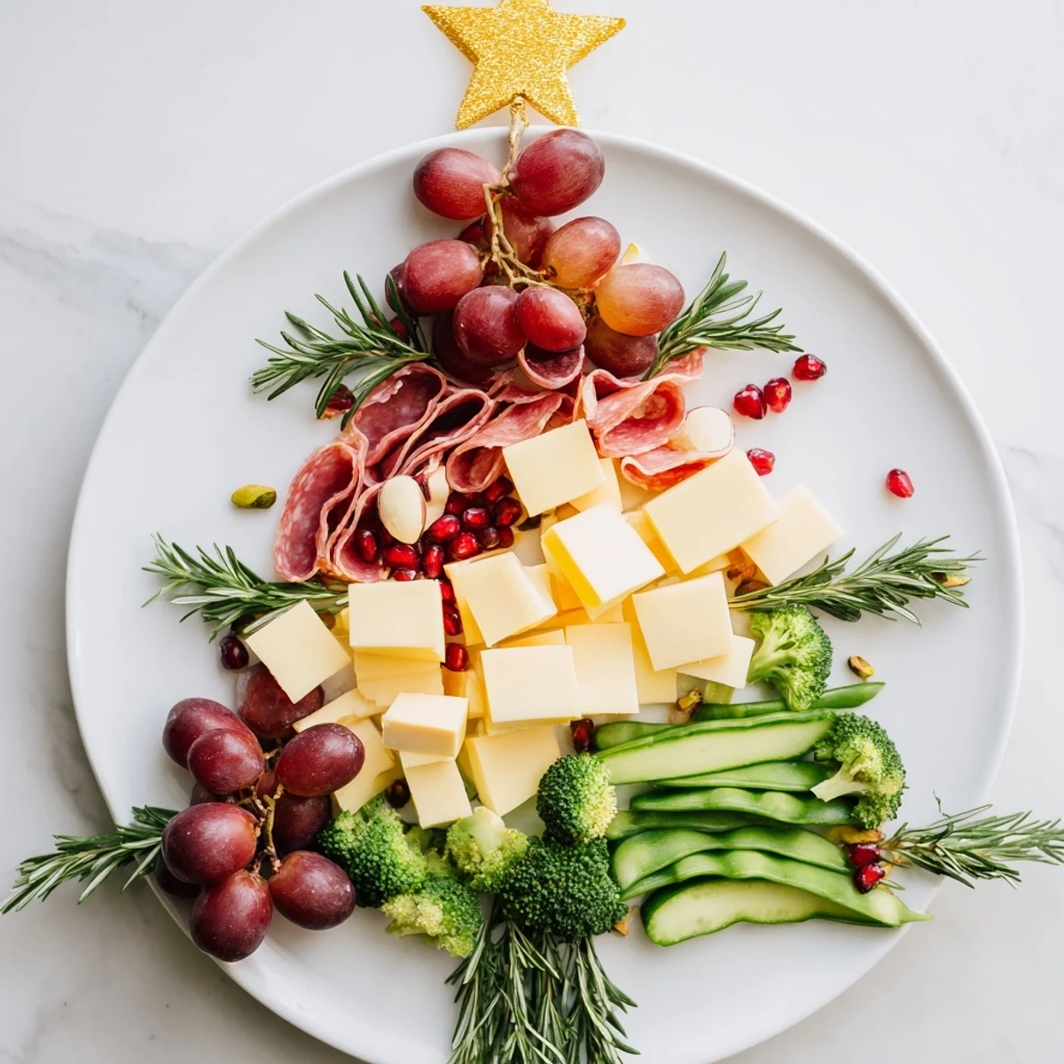 A delicious evergreen tree snack board ready to serve, filled with cheeses and crackers for your guests.