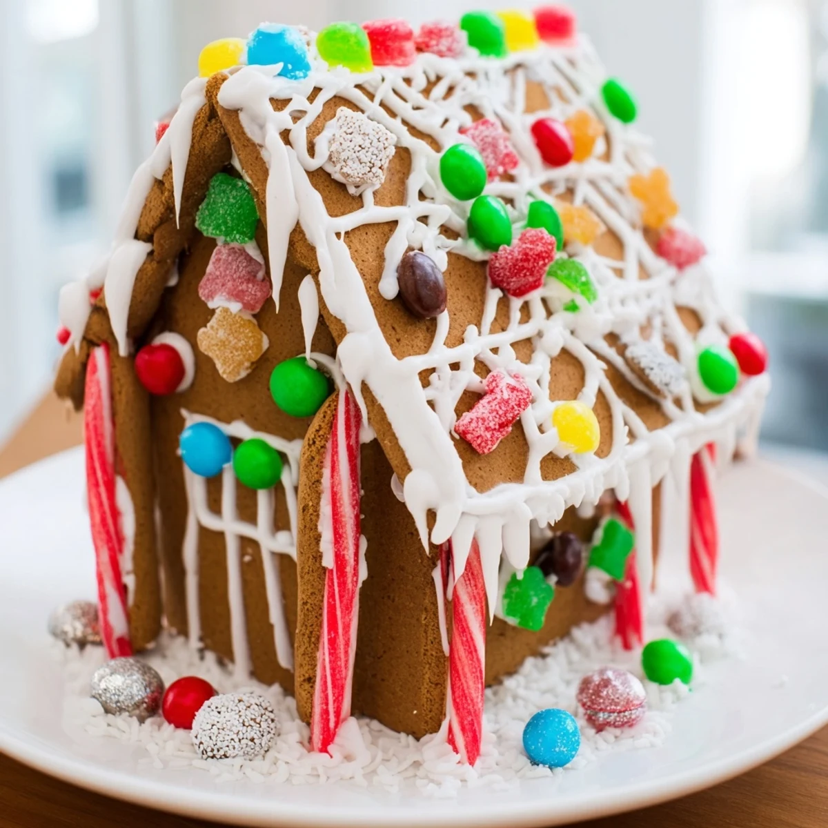 This homemade gingerbread house shows off a variety of candies and a dusting of powdered sugar.
