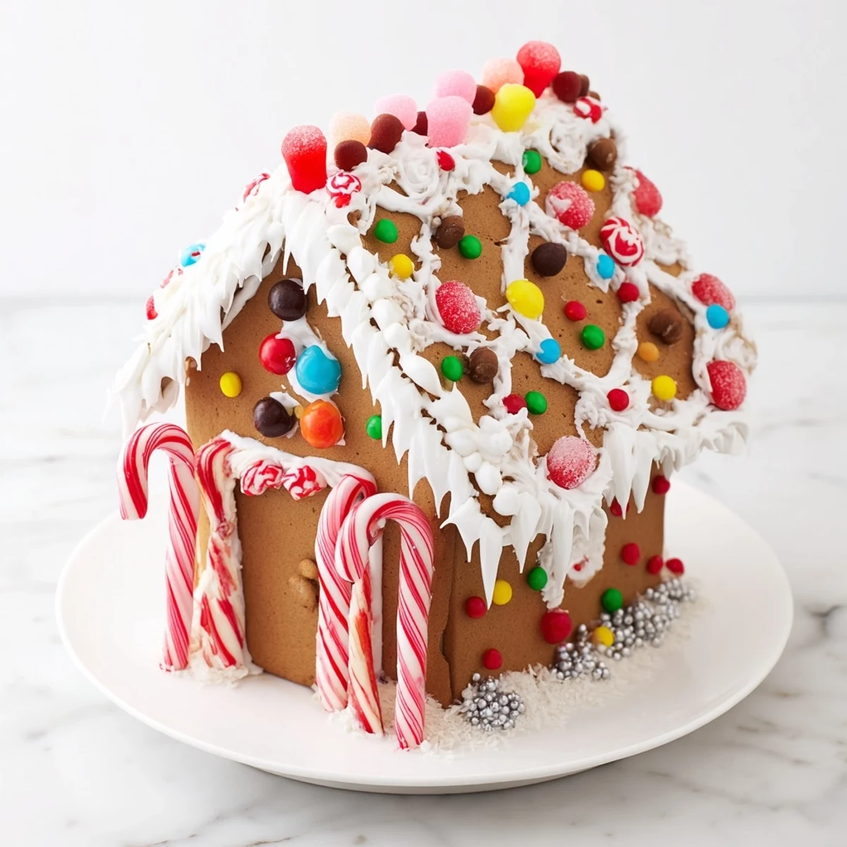Freshly baked gingerbread house ready to decorate with royal icing and festive candy accents.
